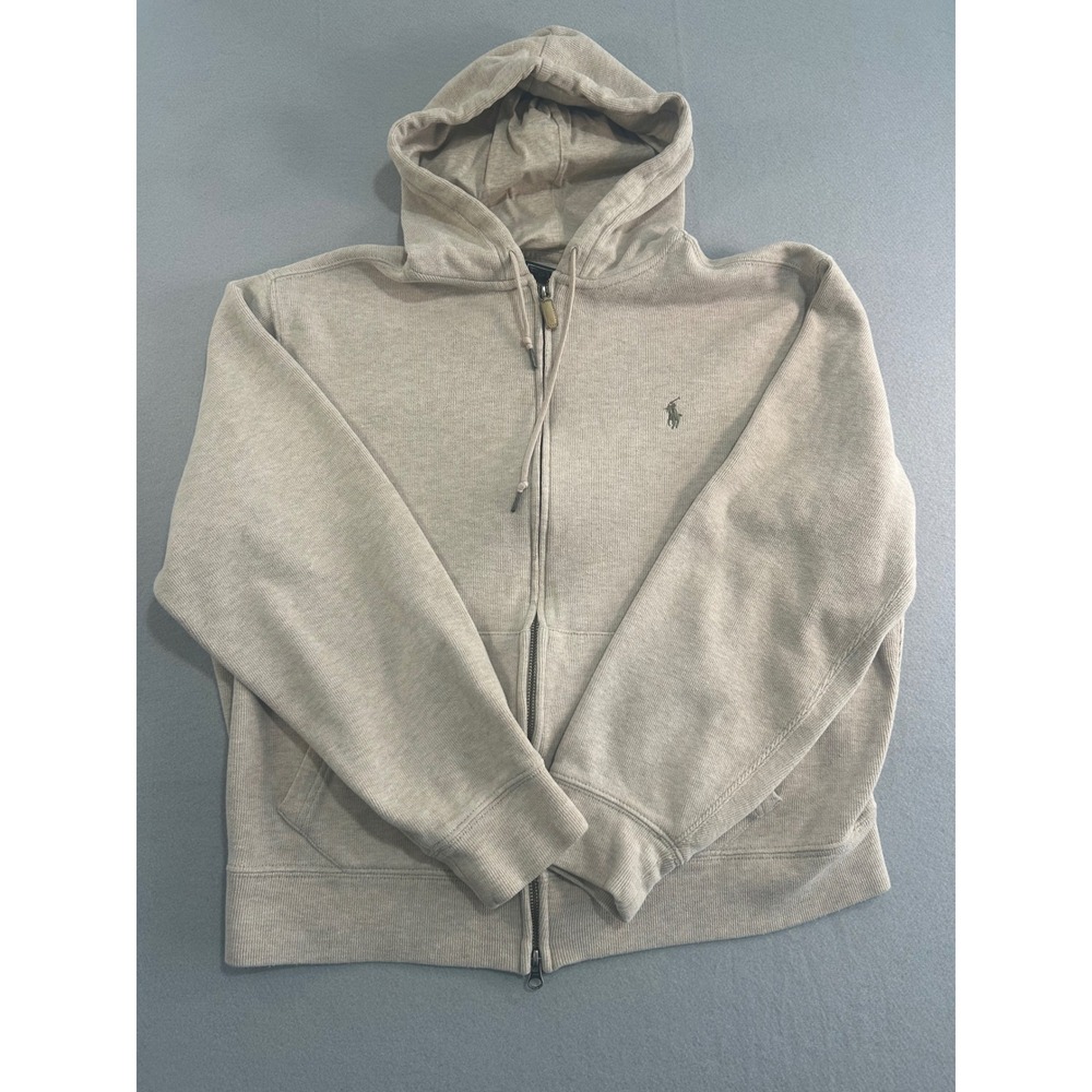 Polo Ralph Lauren Full Zip Hoodie Mens Large Beige‎ Tan Ribbed Cotton Pony Logo
